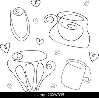 A set of plastic cups for cold drinks. Plastic cup template silhouette on isolated white background. line icon. Editable stroke. Doodle style. Vector Stock Vector