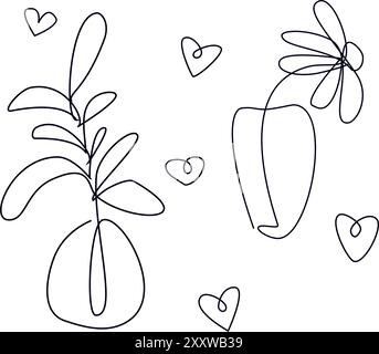 Set of outline flowers, twigs in ceramic vases. Bouquet vector illustration for card, story, web, banner. Stock Vector