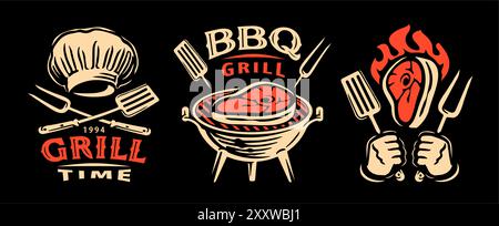Meat bbq restaurant logos set concept, vector illustration. Barbecue and grill food labels, emblems and badges Stock Vector