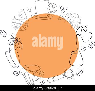 minimal doodle line art coffee branch and ribbon wreath frame collection vector illustration Stock Vector