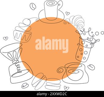 Coffee time poster concept. Coffee party greeting card design. Hand drawn line art illustration with teapots, cups and sweets in circle frame isolated Stock Vector