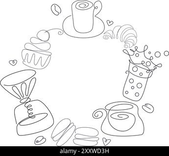 Circle with coffee sketch. Hand drawn graphic design. Black and white round with coffee mugs, cupcake, macaroon, croissant, bubble tea, hearts, beans. Stock Vector