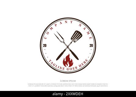 Rustic Retro Vintage Crossed Fork and Spatula for BBQ Barbecue Grill Logo Design Vector Stock Vector