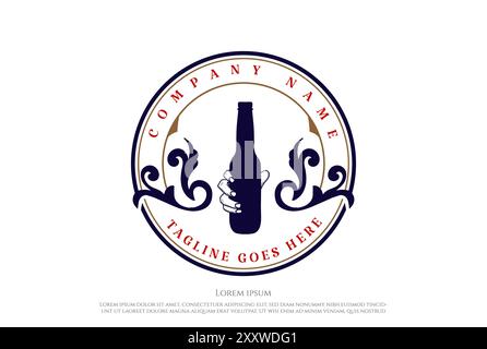 Vintage Retro Hand Hold Bottle for Whiskey Wine Beer Badge Emblem Label Logo Design Vector Stock Vector