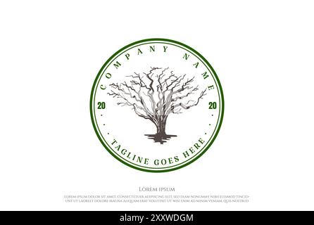 Vintage Retro Dry Dead Oak Banyan Tree Logo Design Vector Stock Vector