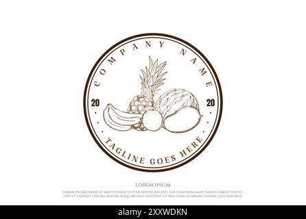Retro Vintage Pineapple Mango Banana Watermelon Orange Fruits Label Logo Design Vector Stock Vector