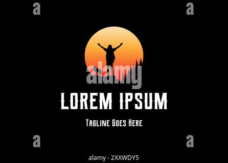 Sunset Sunrise Man Climbing on Mountain Top with Wolf Dog and Pine Cedar Evergreen Fir Forest Logo Design Vector Stock Vector