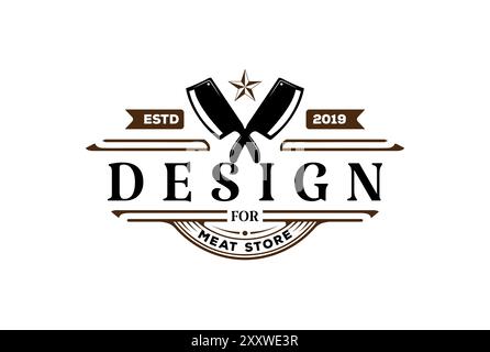 Vintage Retro Crossed Cleaver for Butcher Meat Store or BBQ Barbecue Steak Grill Logo Design Vector Stock Vector