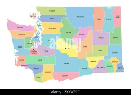 Washington, U.S. state, multi colored political map with borders, county names and capital Olympia. State in the Pacific Northwest region of USA. Stock Photo