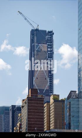 Diamond-shaped braces and five vertical slabs mark 270 Park