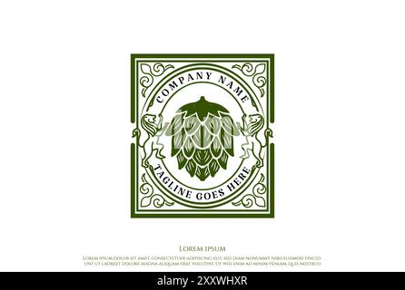 Vintage Retro Lion Hop Crest for Beer Brewing Brewery Badge Label Logo Design Vector Stock Vector