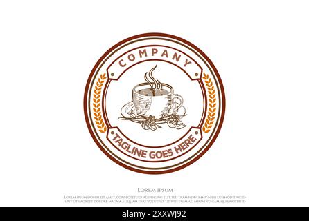 Rustic Retro Vintage Circular Coffee Cup for Cafe Restaurant or Product Label Logo Design Vector Stock Vector