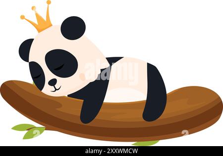 Cute cartoon panda wearing a gold crown is sleeping peacefully on a tree branch Stock Vector