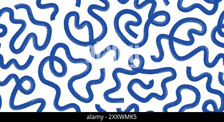 Abstract ink brush waves, squiggles, strokes vector seamless pattern. Blue swirls, scribbles background. Stock Vector