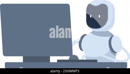 Robot is sitting at a desk working on a desktop computer Stock Vector