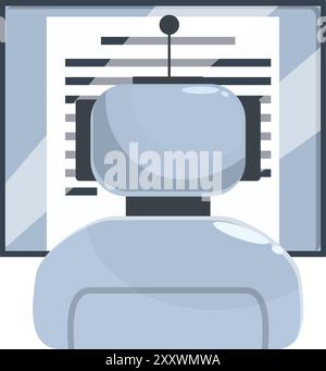 Robot is programming, sitting in front of a computer screen with lines of code Stock Vector