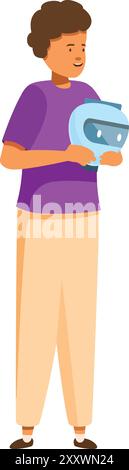 Robotics engineer holding a robot head, symbolizing the growing field of artificial intelligence Stock Vector