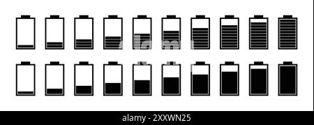 Battery charging process icon set in black color. Battery icon set. Battery charge level. Battery Charging icon set in modern style. Charge indicator Stock Vector