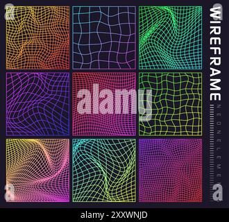 Colorful wireframe shapes, lined perspective mesh, 3d grid. Low poly geometric elements. Retro futuristic design elements, y2k, vaporwave and Stock Vector