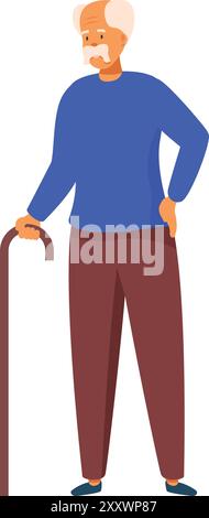 Elderly man standing with walking stick posing for full length portrait Stock Vector