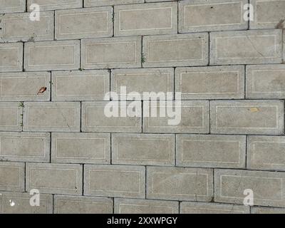 This image showcases a sturdy gray brick wall, presenting a harmonious blend of urban construction and subtle touches of nature. The bricks are laid i Stock Photo