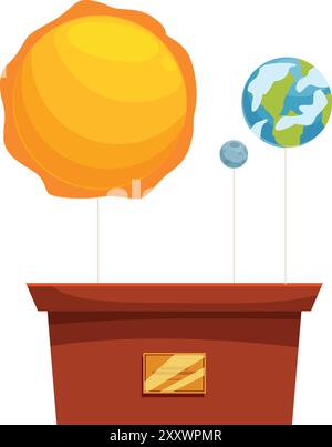 Scale model of the solar system showing the sun, earth, and moon Stock Vector