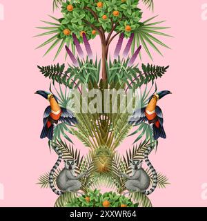 Seamless kids pattern with jungle trees and animals. Vector. Stock Vector