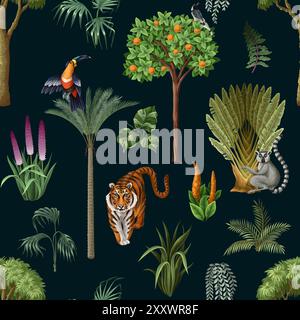 Seamless kids pattern with jungle trees and animals. Vector. Stock Vector