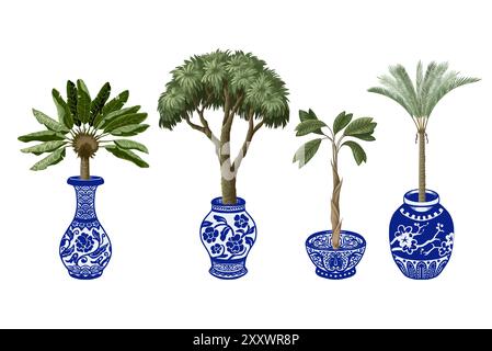 Seamless pattern with Chinese blue vases and trees. Vector. Stock Vector