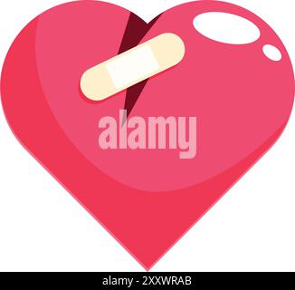 Big red heart with a bandage covering a crack, showing the concept of heartbreak Stock Vector