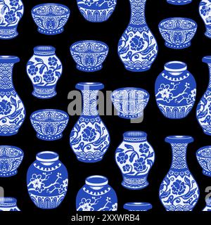 Seamless pattern with Chinese blue vases. Vector. Stock Vector