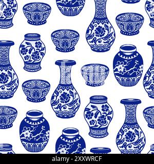 Seamless pattern with Chinese blue vases. Vector. Stock Vector