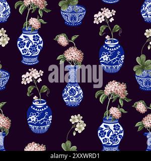 Seamless pattern with Chinese blue vases and flowers. Vector. Stock Vector