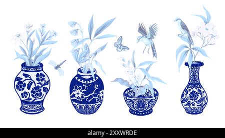 Chinese blue vases and flowers isolated. Vector Stock Vector Image ...