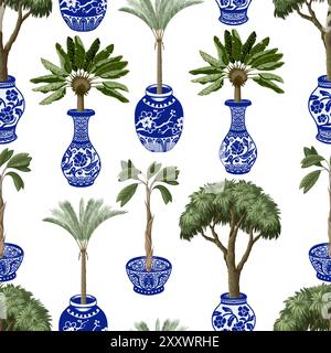 Seamless pattern with Chinese blue vases and trees. Vector. Stock Vector