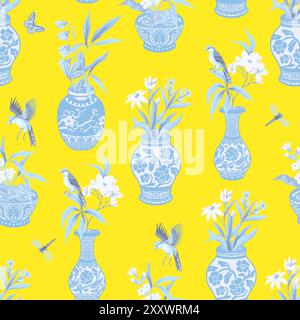 Seamless pattern with Chinese blue vases and flowers. Vector. Stock Vector