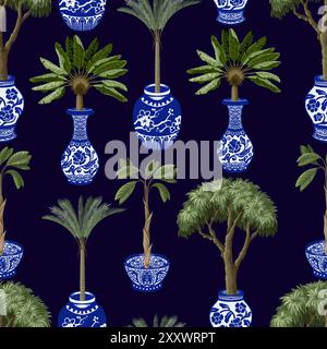 Seamless pattern with Chinese blue vases and trees. Vector. Stock Vector