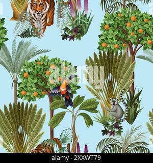 Seamless kids pattern with jungle trees and animals. Vector. Stock Vector