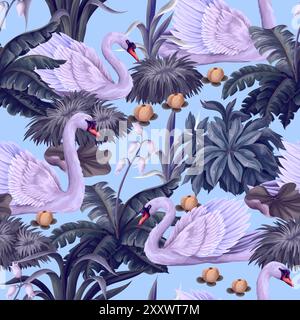 Seamless pattern with white swan and plants. Vector. Stock Vector
