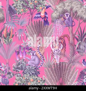 Seamless kids pattern with jungle trees and animals. Vector. Stock Vector