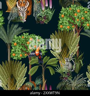 Seamless kids pattern with jungle trees and animals. Vector. Stock Vector