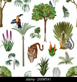 Seamless kids pattern with jungle trees and animals. Vector. Stock Vector