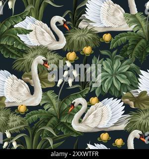 Seamless pattern with white swan and plants. Vector. Stock Vector