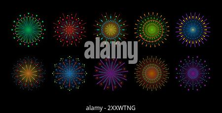 Firework sparkle ray set. Radiant sunburst abstract collection. Shine sunrays or fireworks sparkles rays. Sunlight circle graphic design elements. Colorful multiple sun light burst on black background Stock Vector