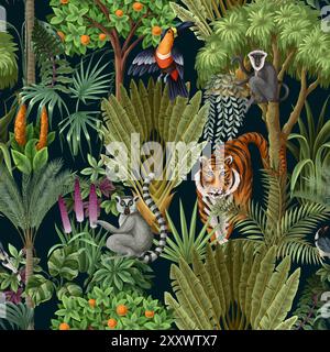 Seamless kids pattern with jungle trees and animals. Vector. Stock Vector