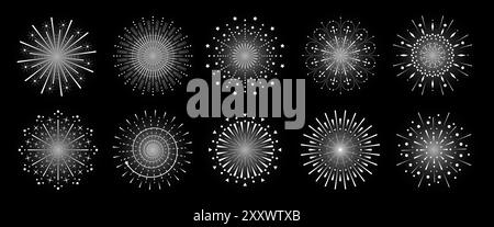 Firework sparkle ray set. Radiant sunburst abstract collection. Different shine sunrays or fireworks sparkles rays. Sunlight circle graphic eps elements. Multiple sun light burst on black background Stock Vector