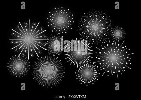 Firework sparkle ray set. Radiant abstract sunburst. Different shine sunrays or fireworks sparkles rays. Sunlight circle graphic design element. Multiple sun light burst options on night background Stock Vector