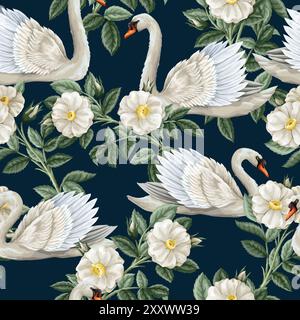Seamless pattern with white swan and roses. Vector. Stock Vector