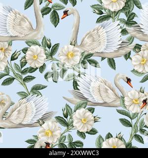 Seamless pattern with white swan and roses. Vector. Stock Vector
