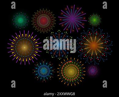 Firework sparkle ray set. Radiant abstract sunburst. Colorful different shine sunrays or fireworks sparkles rays. Sunlight circle graphic design elements. Multiple sun light burst on black background Stock Vector